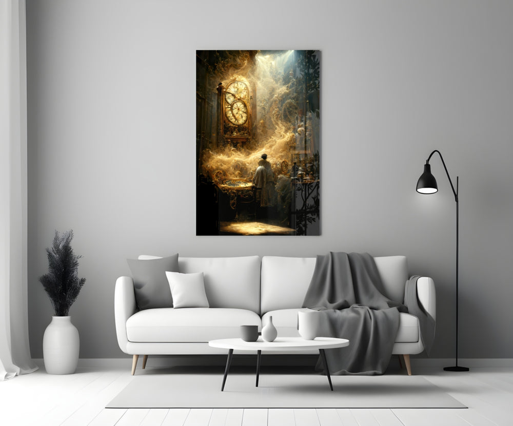Time Flow close-up showing clockmaker amid gold gear storm beside antique long-case clock