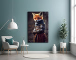 The Fox glass wall art styled above a console in a study