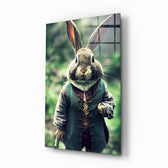 The Rabbit glass wall art displayed above a desk in a kids room with bunk beds and brass picture light