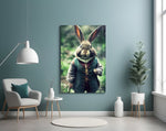 The Rabbit glass wall art styled above a console in a hallway