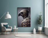 The Bird glass wall art styled above a console in a library
