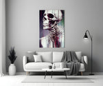 We, In Fact close-up showing skeletal profile with crimson paint drips and glitch streaks