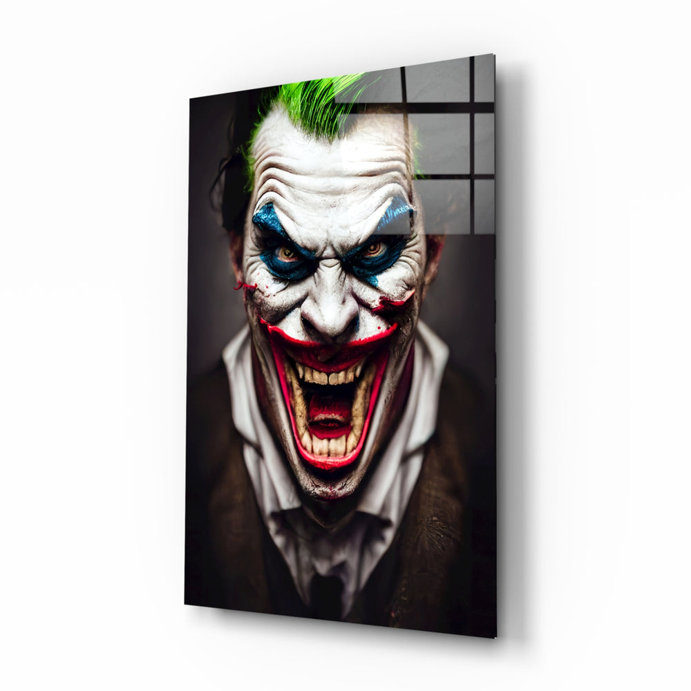 The Smile of Joker glass wall art displayed above a black leather sectional in a moody home theater with blackout drapes