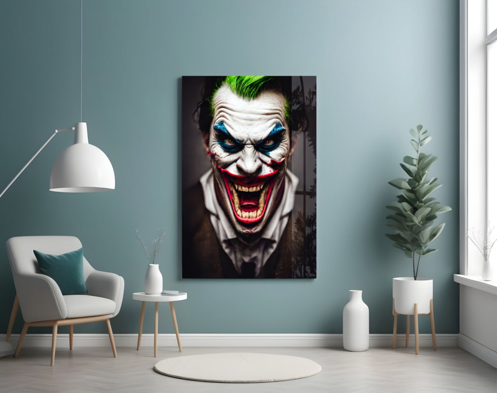 The Smile of Joker glass wall art styled above a desk in an office