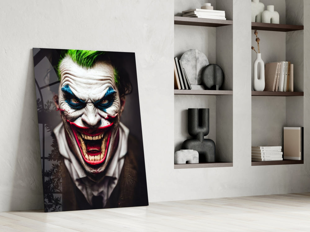 The Smile of Joker glass print enhancing a gaming room with cinematic edge