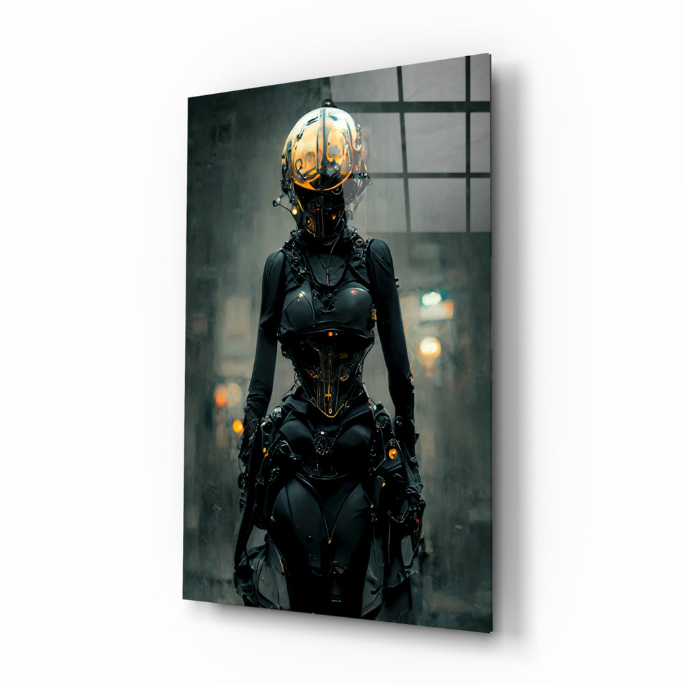 She glass wall art displayed above a black leather sectional in a moody gaming room with amber LED accents