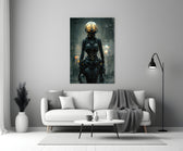 She close-up showing amber dome helmet over matte black exo-armor