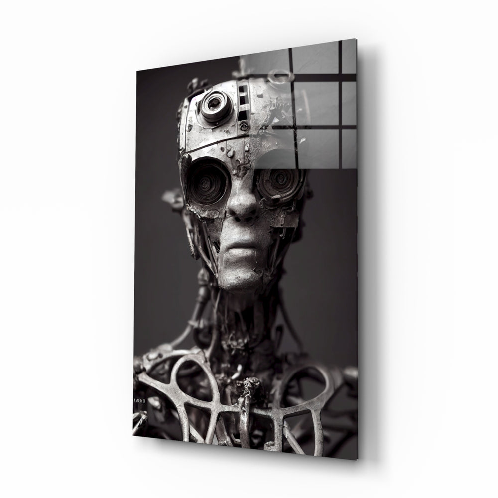 Future Human glass wall art displayed above a steel console in an industrial loft with Edison bulbs and concrete walls