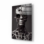 Future Human glass wall art displayed above a steel console in an industrial loft with Edison bulbs and concrete walls