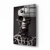 Future Human glass wall art displayed above a steel console in an industrial loft with Edison bulbs and concrete walls