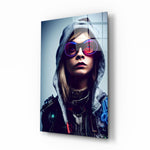 Survival glass wall art displayed above a black desk in a moody gaming room with cyan and magenta LED strips