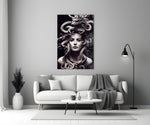 Medusa close-up showing scaled snakes and dragon rising from gorgon's crown