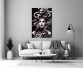 Medusa close-up showing scaled snakes and dragon rising from gorgon's crown