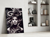 Medusa glass print enhancing an office with cinematic mood