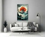 Tree of Life close-up showing crimson blossom tree silhouetted on full moon