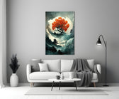Tree of Life close-up showing crimson blossom tree silhouetted on full moon