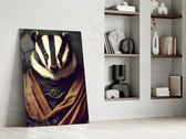 Raccoon glass print enhancing a library with cinematic charm