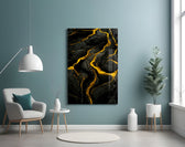 Slit glass wall art styled above a desk in an office