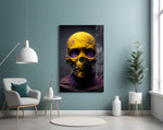 Skull glass wall art styled above a desk in an office
