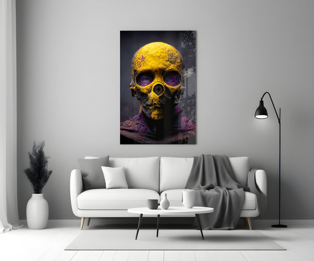 Skull close-up showing gold leaf cranium and violet-stained sockets