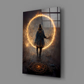 Dark-fantasy panel bringing smoldering gravity to a contemporary office