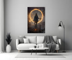 Circle close-up showing hooded figure inside burning ember ring