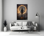 Circle close-up showing hooded figure inside burning ember ring