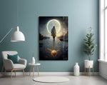 Tranquility glass wall art styled above a console in a hallway