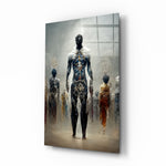 Fighters of the New Age glass wall art displayed above a walnut console in a moody hallway with brass sconces