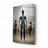 Fighters of the New Age glass wall art displayed above a walnut console in a moody hallway with brass sconces