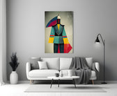 Colored Man close-up showing geometric mannequin in cyan robe with mustard panels