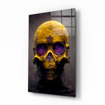 Skull glass wall art displayed above a black leather sectional in a moody man cave with brass sconces