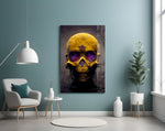 Skull glass wall art styled above a desk in an office