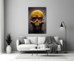 Skull close-up showing gold cranium with violet sockets and forehead sigil