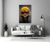 Skull close-up showing gold cranium with violet sockets and forehead sigil