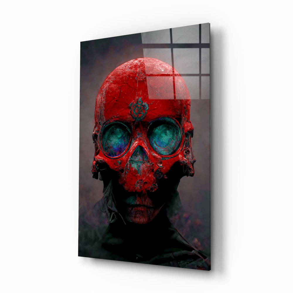 Skull glass wall art displayed above a black leather sectional in a moody man cave with brass sconces