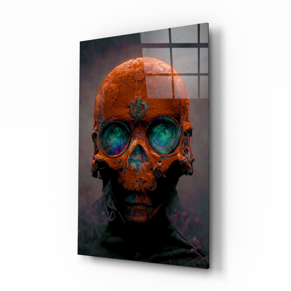 Skull glass wall art displayed above a black leather sectional in a moody man cave with brass sconces