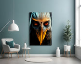 The Beak's Reveal glass wall art styled above a desk in an office