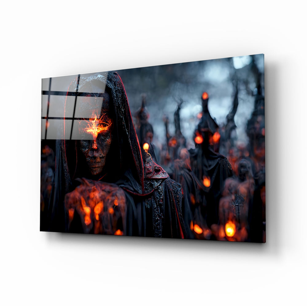 Fighters of the New Age glass wall art displayed above a black leather sectional in a moody man cave with brass sconces