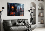 Fighters of the New Age glass wall art styled above a console in a hallway