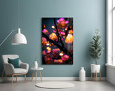 Fire Blooms glass wall art styled above a console in a kids room