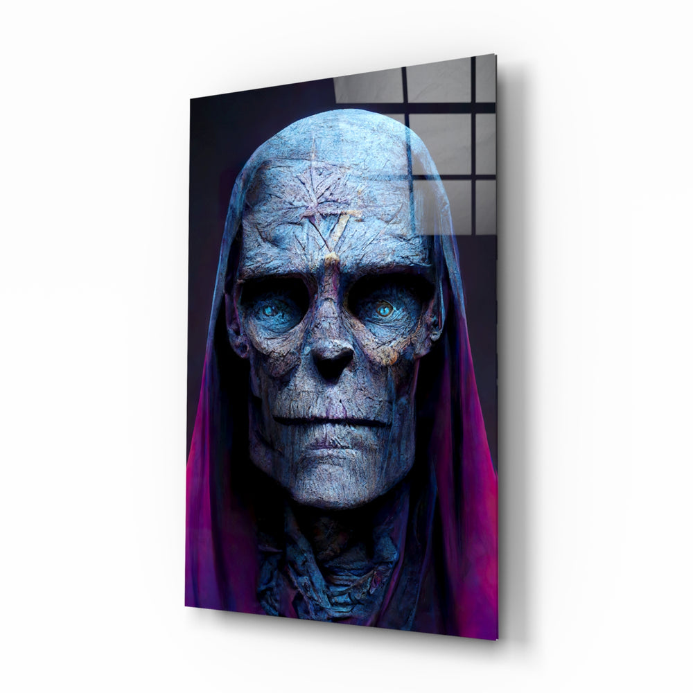 Shaman of the New World glass wall art displayed above a black leather sectional in a moody man cave with brass sconces