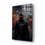 Black Rage glass wall art displayed above a black desk in a moody gaming room with red and teal LED strips
