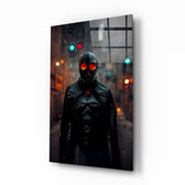 Black Rage glass wall art displayed above a black desk in a moody gaming room with red and teal LED strips