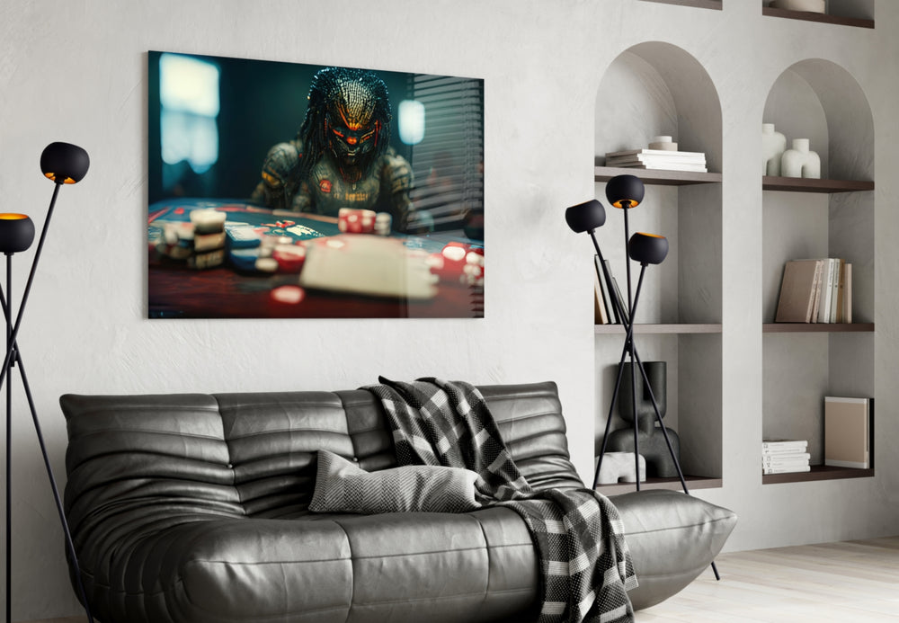 Gambler glass wall art styled above a console in a casino lounge