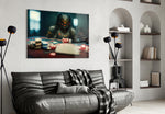 Gambler glass wall art styled above a console in a casino lounge