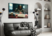 Gambler glass wall art styled above a console in a casino lounge