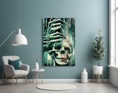 Fall of Skeletons glass wall art styled above a console in a teen lounge