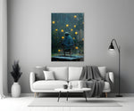 Star Rain close-up showing flat-capped man on worn chair beneath falling yellow stars