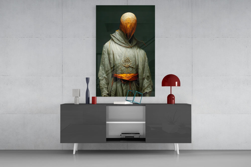 Headless Monk panel catching window light to reveal its meditative stillness